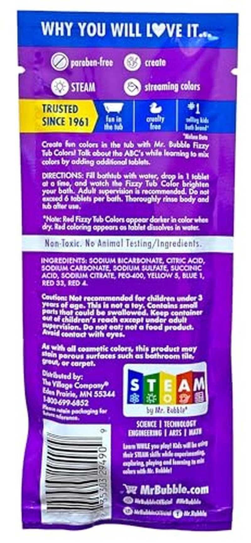 Mr. Bubble Fizzy Tub Colors Bath Water Coloring Tabelets, 6 Bright Colors, Red, Orange, Yellow, Purple, Blue and Green, Fragrance Free (12 Packets, 9 Tablets Each)
