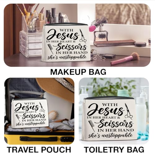 Hair Stylist Gifts for Women Cosmetic Bag - Hairstylist Gift Small Makeup Bag - with Jesus in Her Heart and Scissors in Her Hand Zipper Makeup Pouch (1Pcs)