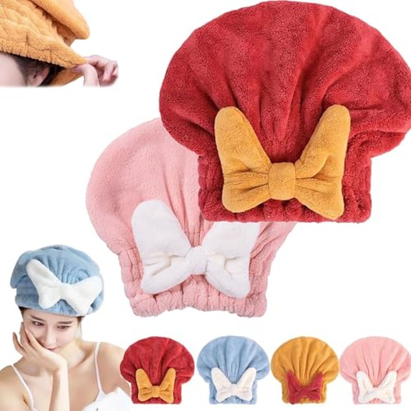 ZANWANXIN New Super Absorbent Hair Towel Wrap for Wet Hair, Quick-Drying Thickened Soft Bow Knot Hair Dry Cap, Efficient Absorbent Hair Towel Wrap, Microfiber Hair Towel Wrap (Pink+Red)