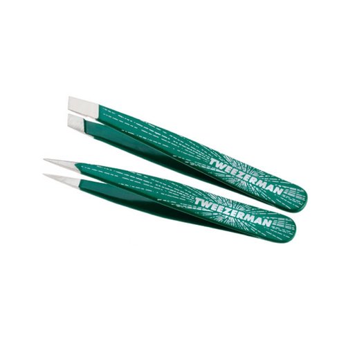 Tweezerman Emerald Shimmer Micro Mini Slant & Point Tweezer Set - Eyebrow Tweezers for Women and Men