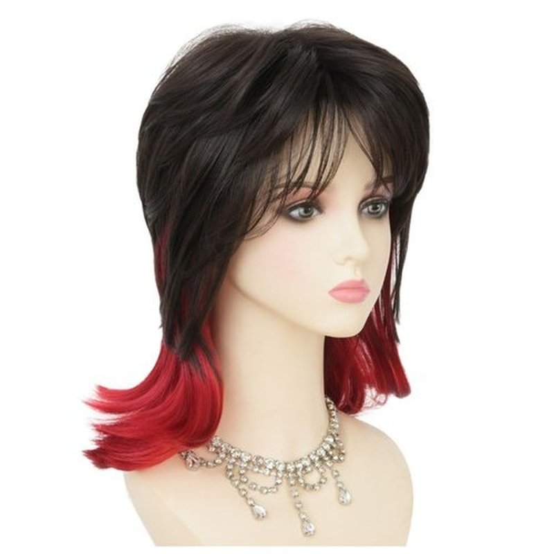 Dai Cloud Black Red Mullet Wig for Women Layered Shaggy Wig with Bangs Synthetic Wigs for Cosplay Daily Party Use