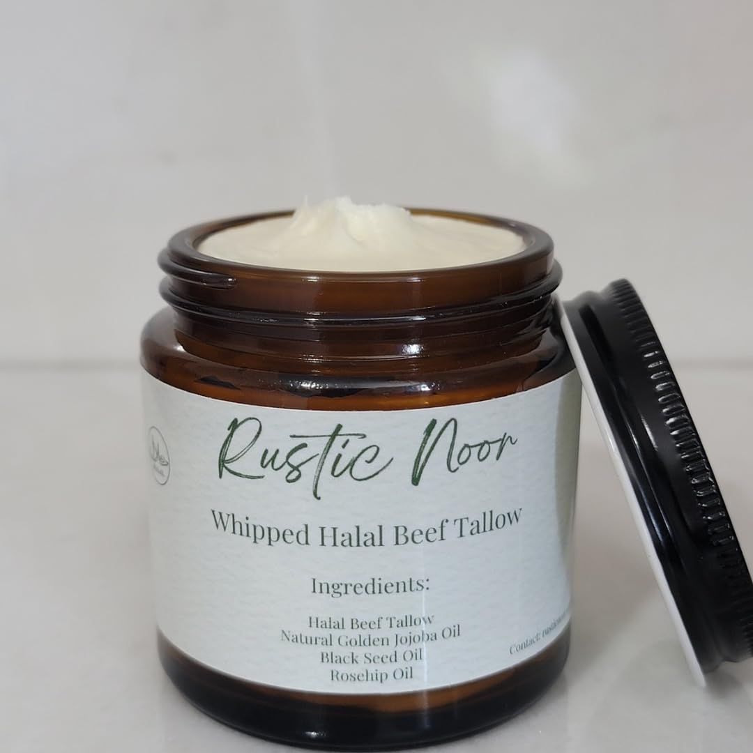 Rustic Noor - 100% Halal Beef Tallow Cream for Skin, Face, & Body. Whipped Moisturizer - 2oz Jar (Handmade in Upstate NY) (2 oz, Unscented)