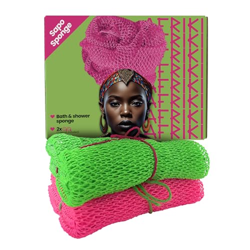 AFRIKI African Net Sponge, African Exfoliating Sponge, Black Owned, Exfoliating Washcloth, Body Exfoliator for Bath and Shower, Back Scrubber, Dead Skin Remover (Black, Grey, 1 Count (Pack of 2))