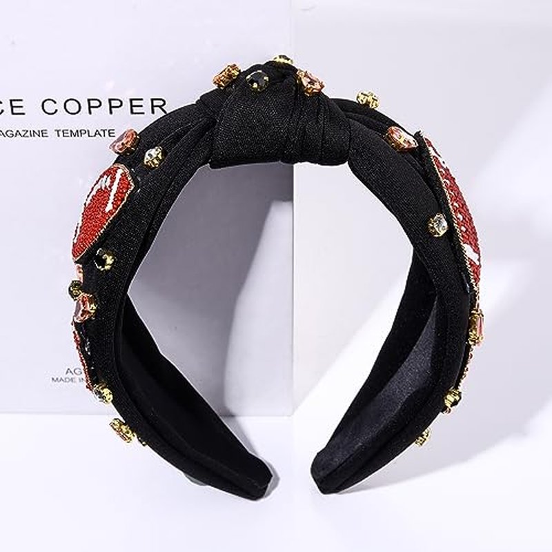 JERTOCLE Football Knotted Headbands for Women Game Day Sports Headband Pearl Crystal Bejeweled Wide Top Knot Hairband Game Day Hair Accessories (Red Black3)