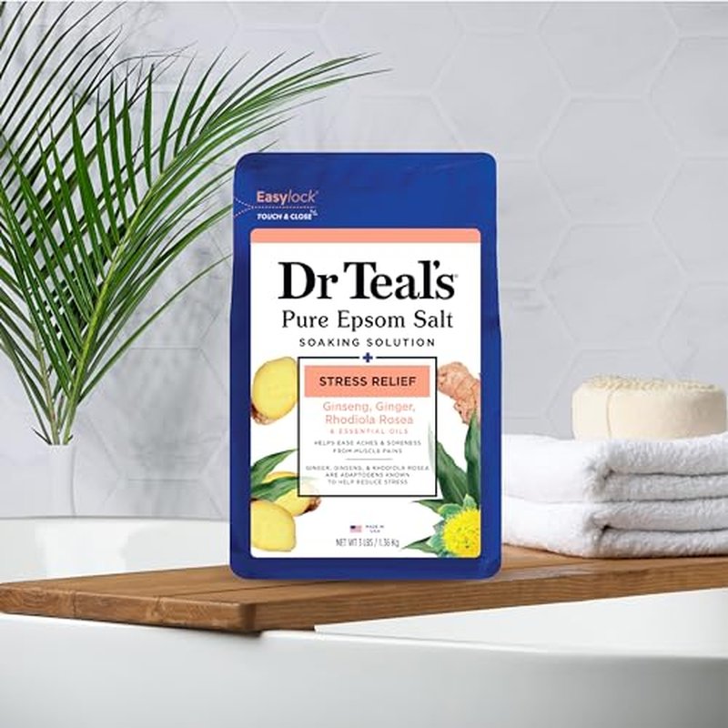 Dr Teal's Epsom Salt Magnesium Soak, Salt Stress Relief with Ginseng & Ginger Essential Oils, 3 lbs (Pack of 4)