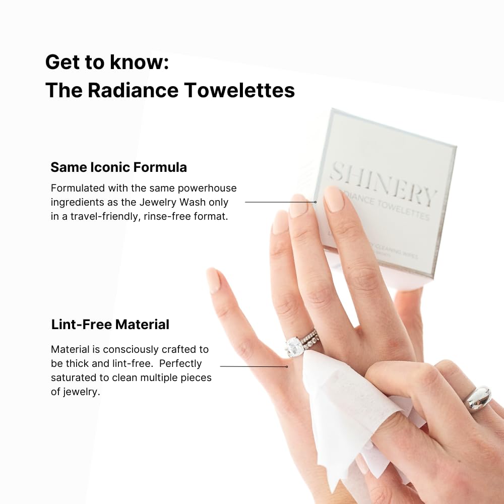 Shinery Radiance Towelettes Jewelry Cleaning Wipes on the Go Travel Cleaner for Rings Diamonds and Jewelry No Rinse Individually Wrapped Safe for Gold Silver and Gemstones