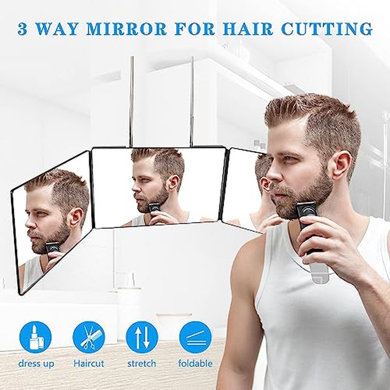 JANMPASK LED 3 Way Mirror for Self Hair Cutting Mirror Vanity Mirror Barber Supplies Accessories 360 Makeup Mirror with Light Trifold Mirror to See Back of Head (White with Light)