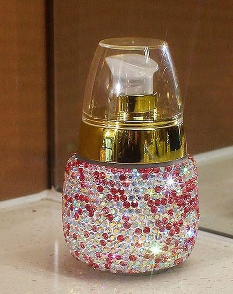 Rhinestone Travel Portable 30ml Lotion Dispensing Empty Bottle - Luxury Bling Glass Cosmetic Empty Container - Press Pump Design for Easy Dispensing - Ideal for Beauty On-The-Go (Pink)