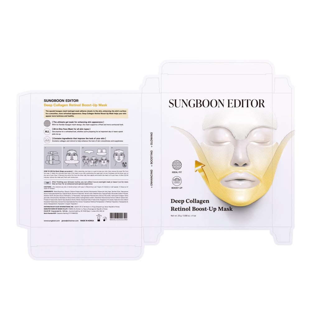 SUNGBOON EDITOR Deep Collagen Retinol V-Line Lift Up Mask, Full Face & Neck Lifting Sheet Mask with Volufiline, Firm-Looking, Tightening & Jawline Contouring, Korean Skincare, 4 Count
