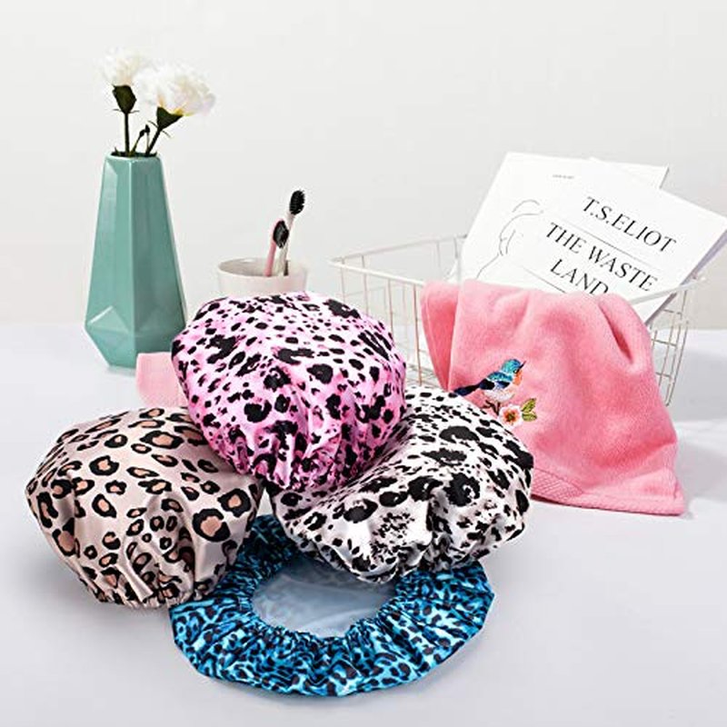AmazerBath Shower Caps for Women, 4 PCS Waterproof Bath Caps, Elastic and Reusable Shower Hair Cap, Double Layers Hair Cap, Environmental Protection Bathing Caps