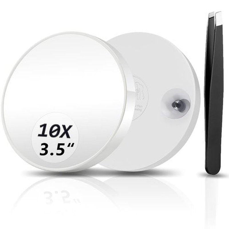 WOHOMIBAN 10X Magnifying Mirror, Magnified Mirror 3.5" with Two Suction Cups and Tweezer, Travel Magnifying Mirror Set Comes with Portable Storage Bag, Small Magnifying Mirror for Travel(White)