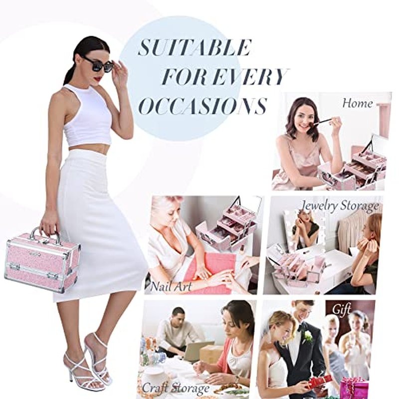 FRENESSA Makeup Train Case Cosmetic Case Organizer Portable Makeup Box 2 Trays with Lockable Mirror Makeup Storage Organizer for Girls Makeup Artist Makeup Tools Travel Makeup Case Glitter Pink