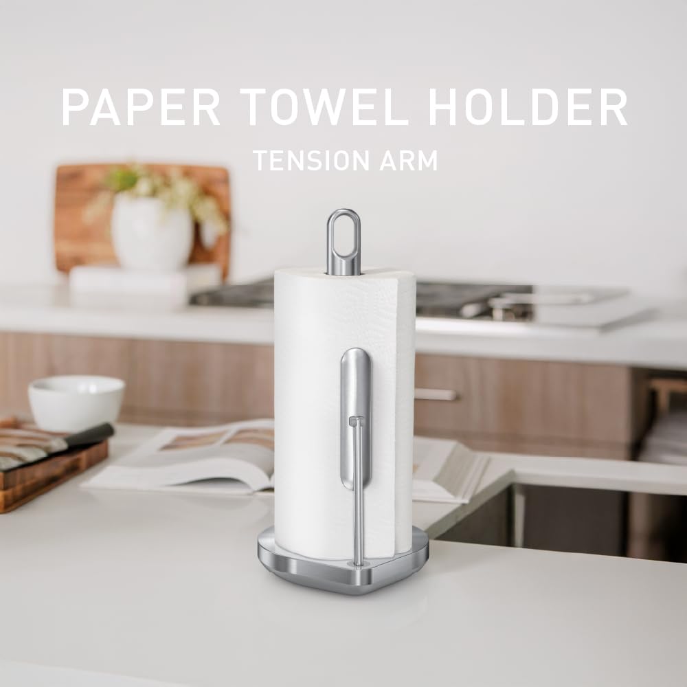 simplehuman Tension Arm Countertop Paper Towel Holder, Easy One-Handed Tear, Standing Weighted Base with Finger Loop, Heavy Duty, Brushed Stainless Steel
