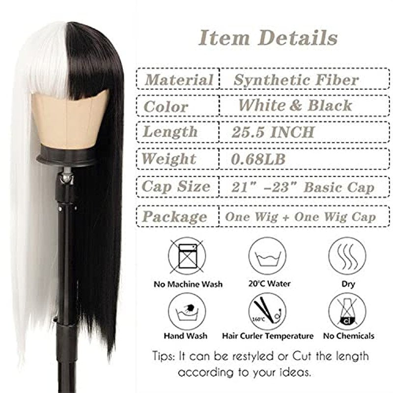 Kaneles Long Straight White and Black Wigs with Bangs for Women Natural Wigs for Cosplay Halloween Cosplay Costume Wigs