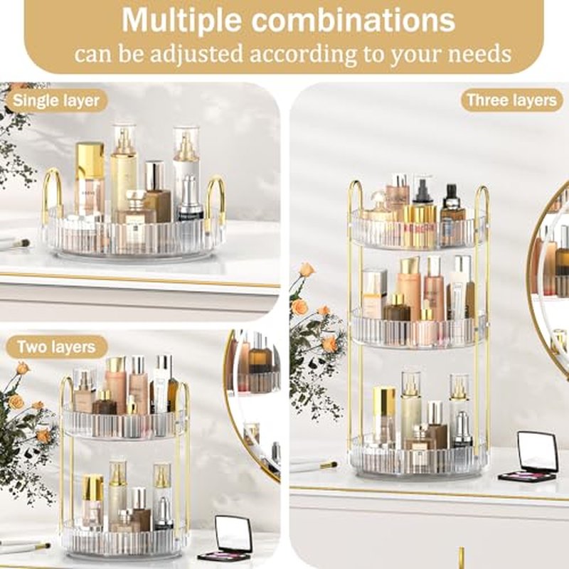 MOKANI 360 Rotating Makeup Organizer for Vanity, 3 Tier Adjustable Perfume Organizer for Dresser, Multi-Function Spinning Cosmetics Skincare Organizer for Bedroom, Dresser, Countertop, Clear