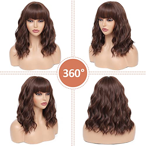 WEIWENHEE Short Wave Curly Bob Wig With Bangs-14 inch, Black Mixed Brown,Short Bob Wigs, Synthetic Wigs For Women, Natural Looking Heat Resistant Fiber Wigs