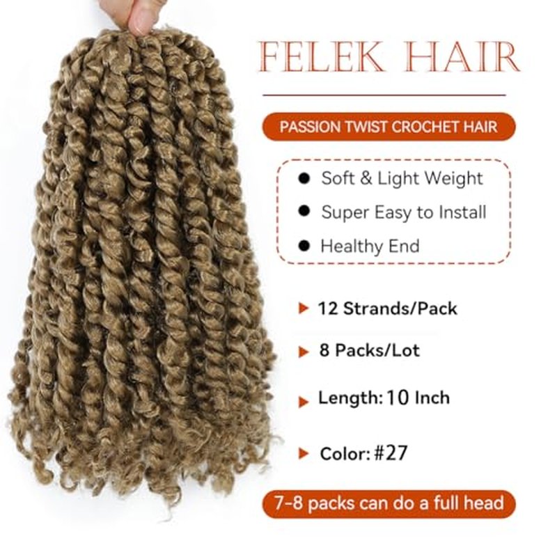 Felek Passion Twist Crochet Hair 10inch 8 Packs Honey Blonde Color Pre Looped Twist Crochet Hair For Black Women Natural Soft Pre Twisted Passion Twist Crochet Hair (#27, 10inch)