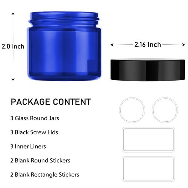 2 oz Blue Glass Jars with Lids, Bumobum 3 pack Small Jars with White Labels & Inner Liners, 60 ml Empty Round Cosmetic Containers for Sample, Powder, Cream, Lotion, Spice