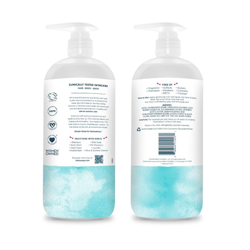 Kirk's 3-in-1 Nourishing Cleanser | Fragrance-Free Shampoo, Body Wash & Bubble Bath with Coconut Oil & Aloe Vera - 32 Fl Oz (Pack of 2)