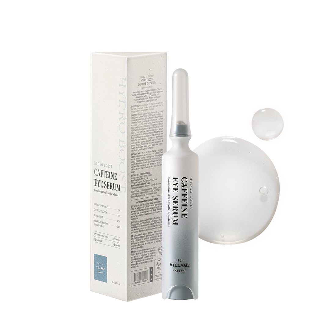 VILLAGE11FACTORY Hydro Boost Caffeine Eye Serum with 10% Caffeine Solution, Niacinamide, Hyaluronic Acid & Hexapeptide-8 for Depuffing, Elasticity, Dark Circle Treatment (0.33 fl.oz./10ml)