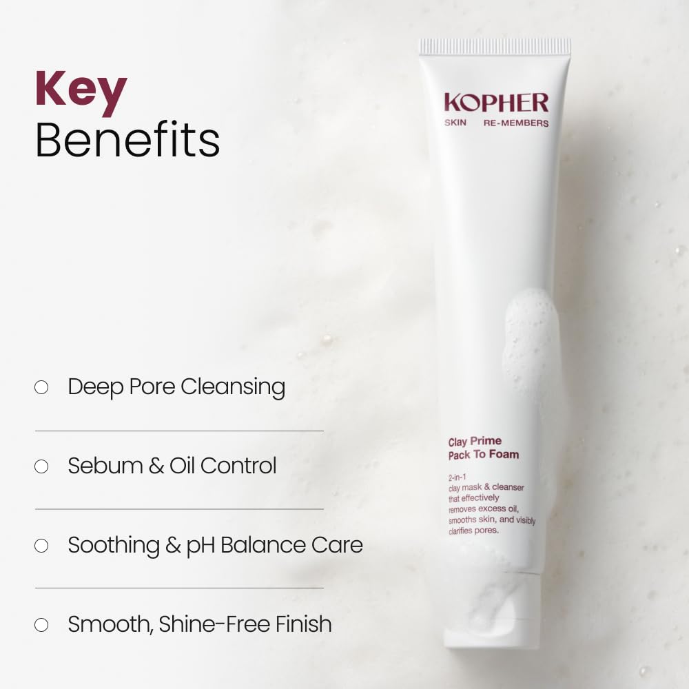 Kopher Clay Prime Pack to Foam [4ever Edition] Facial Cleanser: Hydrating & Purifying Cleanser for Sensitive Skin - Makeup Remover, pH Balanced, Korean Skincare (2.7 fl.oz.)