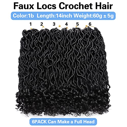 Goddess Locs Crochet Hair 6 Packs 14 Inch Wavy Curly Faux Locs Crochet Hair Pre Looped Crochet Synthetic Braids Hair With Curly Ends Crochet Faux Locs Hair for Black Women(14Inch, 6 Packs 1B)
