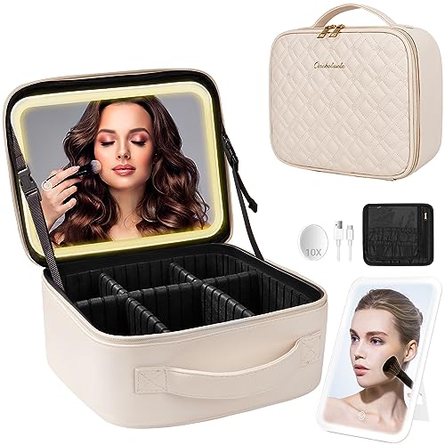 PEEH Makeup Bag with Lighted Mirror, Travel Make up Train Case with Adjustable Brightness Vanity Mirror and Detachable 10x Magnifying Mirror (Beige Clover)