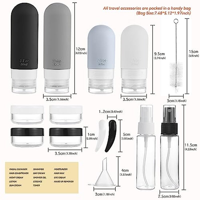 DEPOZA 16 Pack Travel Bottles Set - TSA Approved Leak Proof Silicone Squeezable Containers for Toiletries, Conditioner, Shampoo, Lotion & Body Wash Accessories (16 pcs/Black Pack)