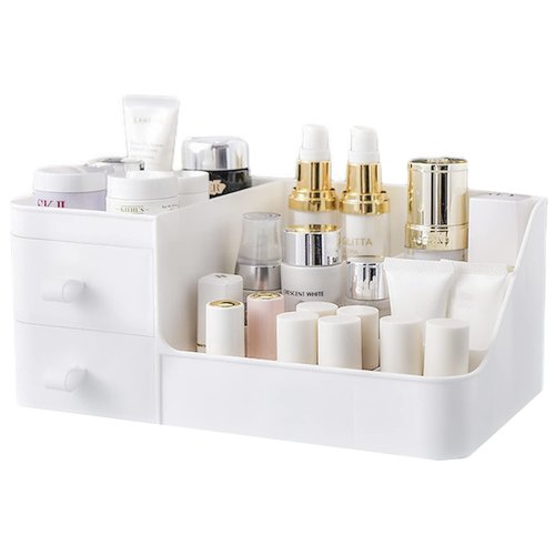 POFUOT skin care organizer,Makeup Desk Organizer With Drawers,Countertop Organizer for Cosmetics,Vanity brush with Holder for Lipstick, Brushes, Eyeshadow, and Desktop (polar white)