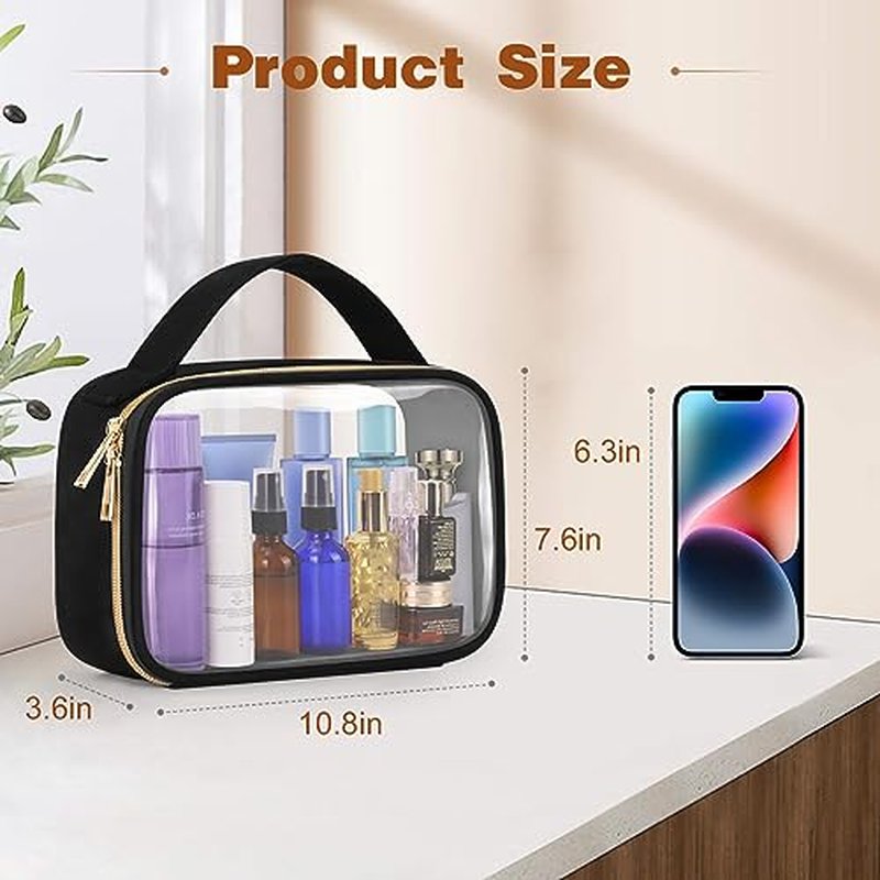 Wedama Clear Toiletry Bag, 2 Pack Clear Makeup Bags with Handles, Large Travel Bags PVC Clear Cosmetic Bags for Women and Men, Carry on Airport Airline Compliant Bag, Black
