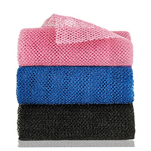 SPMKTBOZAI African Exfoliating Net, 4 Pieces African Net Sponge, Nylon African Bath Sponge Net, African Net Long Net Bath Sponge Shower Body Scrubber(Black, White, Brown, Blue)