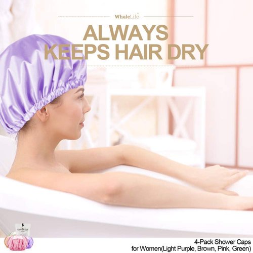 Shower Cap for Women Reusable Extra Large Shower Caps for Men Satin Double Layer EVA Waterproof Long Hair Caps(Light Purple, Brown, Pink, Green 4 Pack)