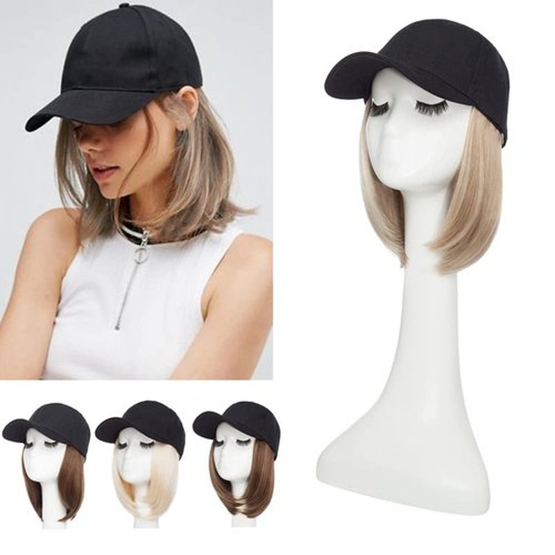 S-noilite 6" Baseball Hats with Hair Attached Short Bob Hairstyle Baseball Cap Wig with Hair Extensions Adjustable Straight Baseball Hat Bob Hair Wig for Women(6in, 16P613#)