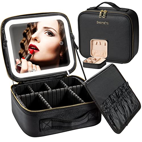 Seoneiro Makeup Travel Bag with LED Lighted Mirror Adjustable Brightness Portable Waterproof Makeup Case with Adjustable Dividers, Make up Train Case Organizer Makeup Brush Accessories and Tool Case