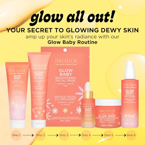 Pacifica Beauty Glow Baby Brightening Facial Mask, Skincare, Vitamin C, Aloe, Kelp, Fine Lines, Wrinkles, Dark Spots, Dry Skin, Cooling Mask, Face Mask, Face Care, For All Skin Types, Vegan (4 Sheets)
