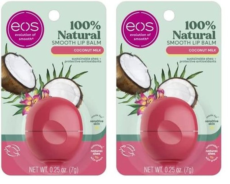 eos 100% Natural Lip Balm- Coconut Milk, All-Day Moisture, Made for Sensitive Skin, Lip Care Products, 0.25 oz (Pack of 2)