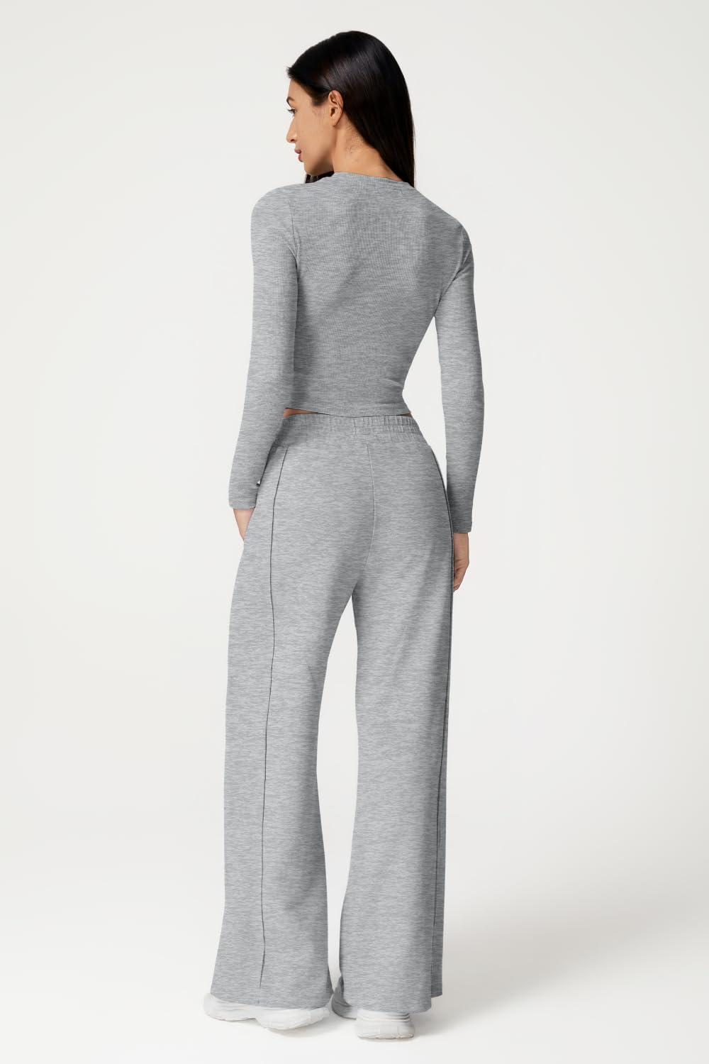 QINSEN 2 Piece Lounge Sets for Women Crewneck Long Sleeve Tops Wide Leg Pants Fall OutfitsGrey L