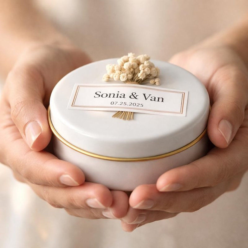 Personalized Soy Wax Candle Favors - Dried Flowers | White Tin Guest Gifts for Weddings & Showers (10-200 Count)