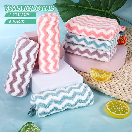 PHOGARY 6 Pack Bath Mitts Washcloths, Small Hand Towels with Hanging Loop, 5"x8" Super Absorbent Soft Coral Fleece Face Towels Kid Teen Adult Body Facial Cloths Machine Washable Cloth for Showering