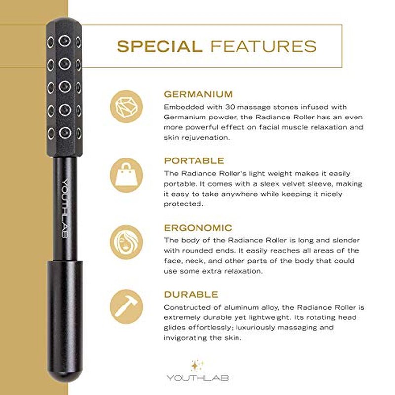 YouthLab Radiance Roller - Germanium Stone Uplifting Face Beauty Massage Tool/Roller/Wand for Skin Tightening/Firming, De-Puffing, Sculpt/Lift, Anti-Aging (Black)