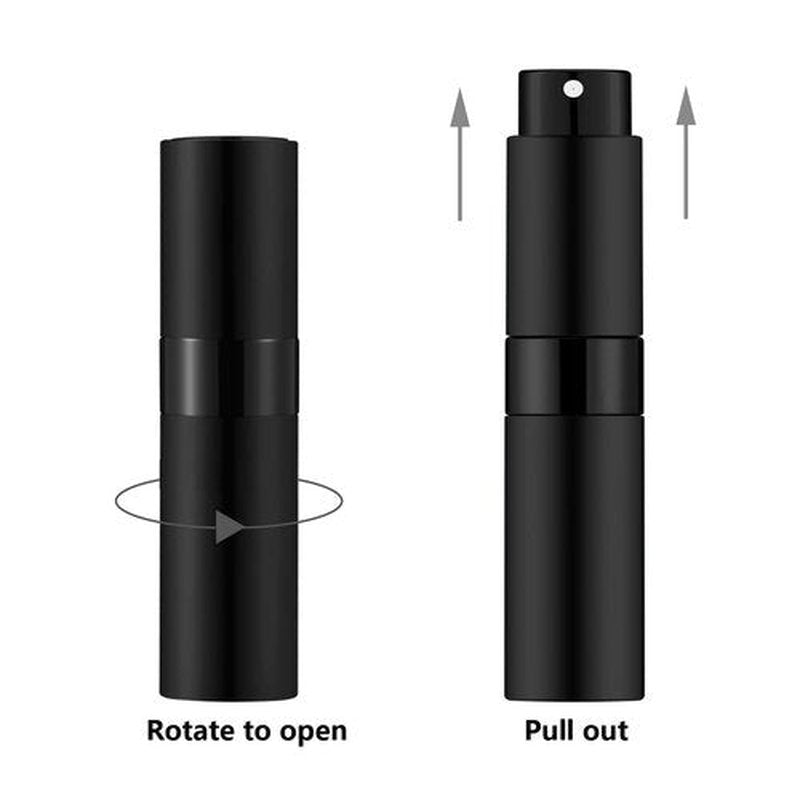 Lil Ray 8ml Portable Mini Perfume Atomizer(4 PCS)，Refillable Empty Small Spray Bottle for Travel, Twist Tpye Pocket Cologne Sprayer (Matte Black&Silver)