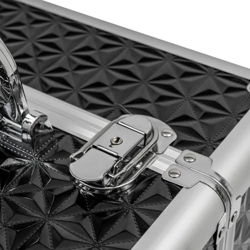 Rolling Makeup Train Case with Storage Sliding Drawer and Removable Divider, Lockable Cosmetic Travel Trolley Case with Wheels Salon Barber Travel Cart Trunk for Nail Tech Hairstylist (Black Silver)