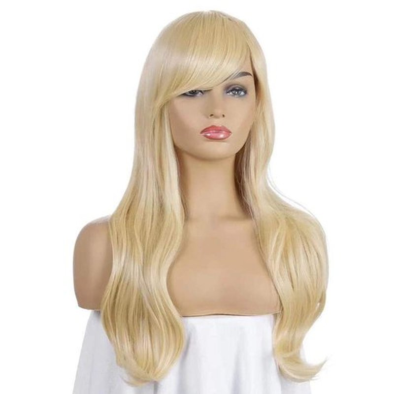 Luhuanx Wigs for Women Girls Long Wavy Heat Resistant Fiber Wigs Side Bangs Cosplay Party, Women's Wigs with Bangs Long Fluffy Curly Wavy (Light Gold)