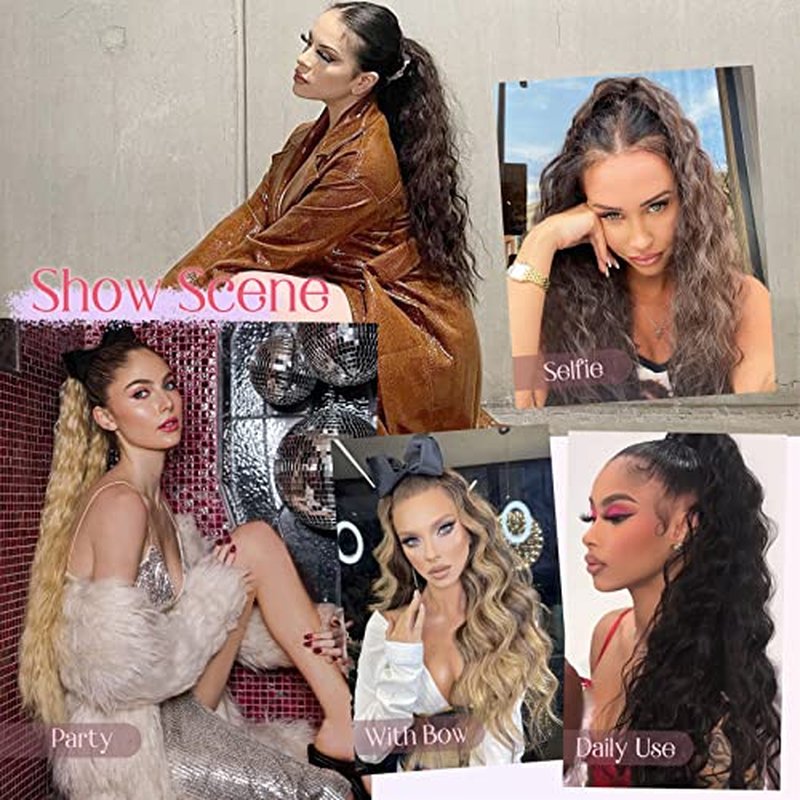 HOOJIH Ponytail Extension, Drawstring Ponytail Hair Extensions 22 Inch Long Curly Wavy Ponytail Natural Wavy Synthetic Hairpiece for Women Daily Use - Black Brown