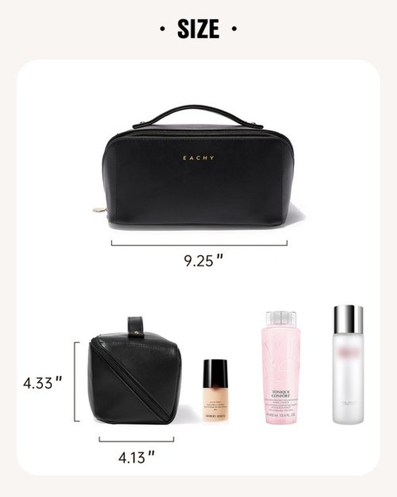 EACHY Travel Makeup Bag, Large Capacity Cosmetic Bags for Women, Waterproof Portable Open Flat Toiletry Bag Make up Bag with Divider and Handle (Black, Medium)