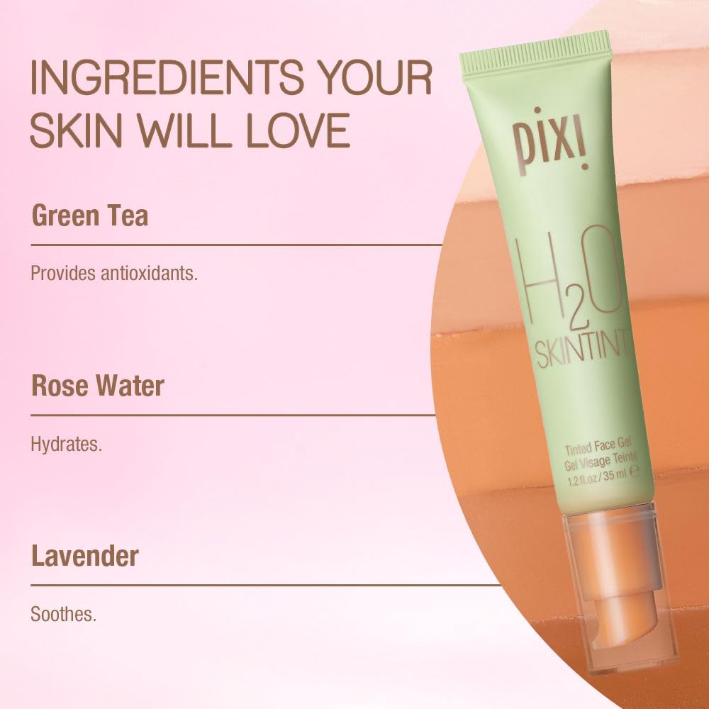 Pixi H2O SkinTint | Tinted Face Gel Moisturizer | Lightweight Hydrating Coverage with Hyaluronic Acid | Evens Skin Tone & Reduces Redness | Oil-Free Dewy Finish | Vegan & Cruelty Free