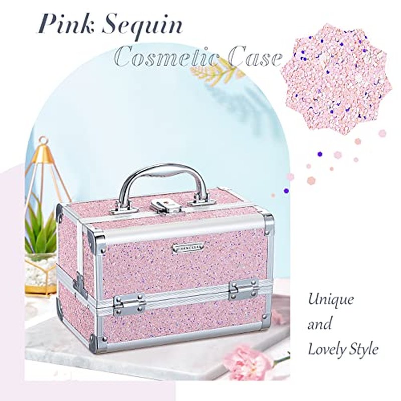 FRENESSA Makeup Train Case Cosmetic Case Organizer Portable Makeup Box 2 Trays with Lockable Mirror Makeup Storage Organizer for Girls Makeup Artist Makeup Tools Travel Makeup Case Glitter Pink