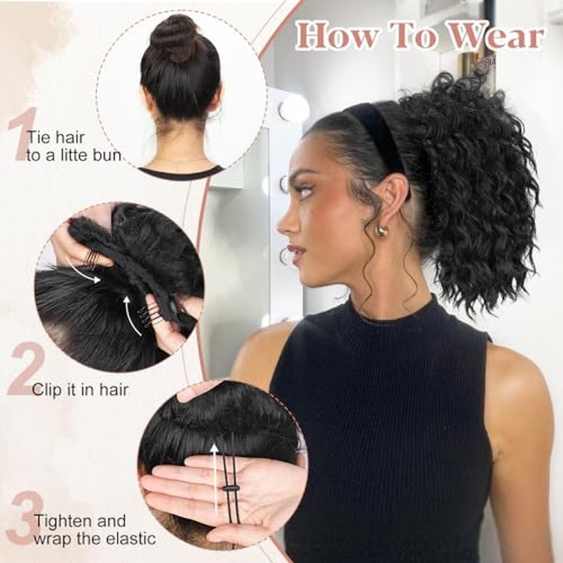 ALXNAN Wavy Curly Ponytail Extension, 8" Black Drawstring Ponytail for Black Women Short Soft Natural Synthetic Hairpiece Thick For Daily Use