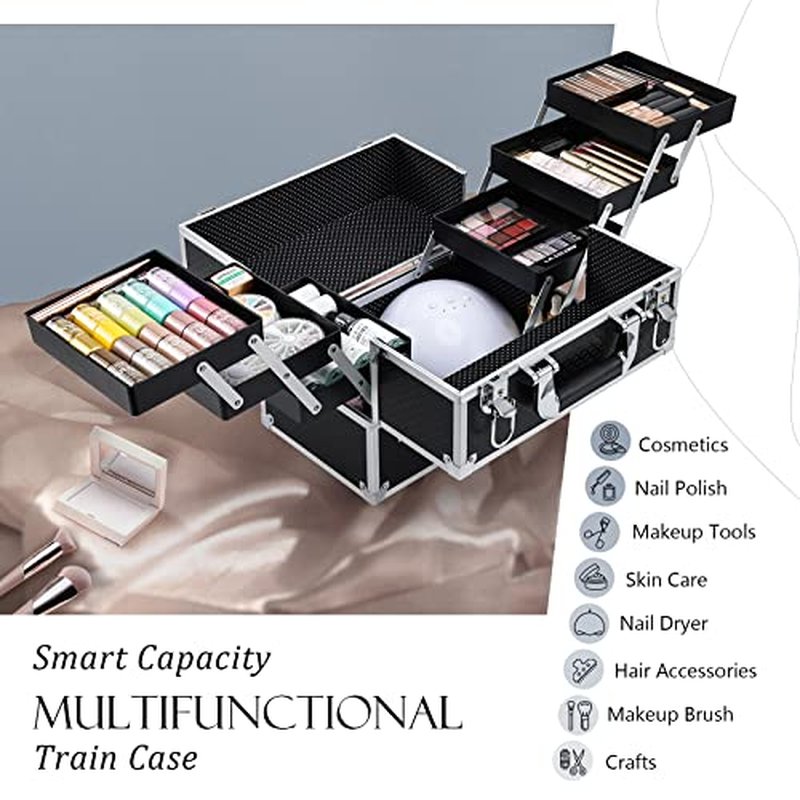 FRENESSA Makeup Train Case 12 inch Large Portable Cosmetic Case - 6 Tier Trays Professional Makeup Storage Organizer Box Make Up Carrier with Lockable keys Travel Case for Women and Girls - Black