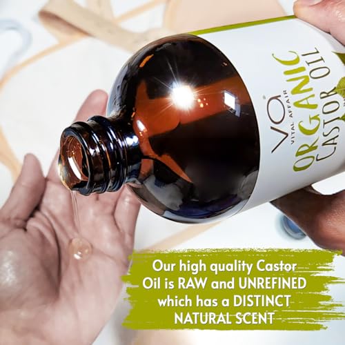 VITAL AFFAIR Castor Oil Organic Cold Pressed Unrefined Glass Bottle- USDA Certified Organic Castor Oil For Castor Oil Pack Wrap-Castor Oil For Skin, Hair Growth, Eyelashes, Eyebrows & Nails-8 Fl Oz